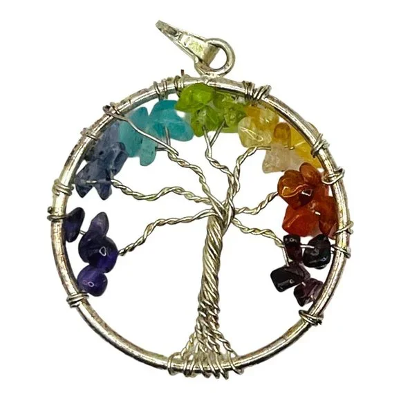 Artisan Wire-Wrapped Tree Pendant Multi Gemstone Vintage 70s Handcrafted EUC - Picture 3 of 7